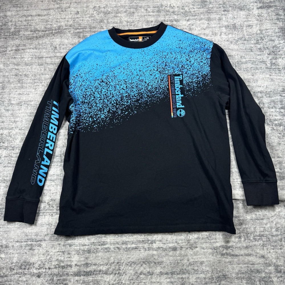 Timberland Rare Graphic Long Sleeve Stack Logo Tee Black Blue Mens L Gradiant